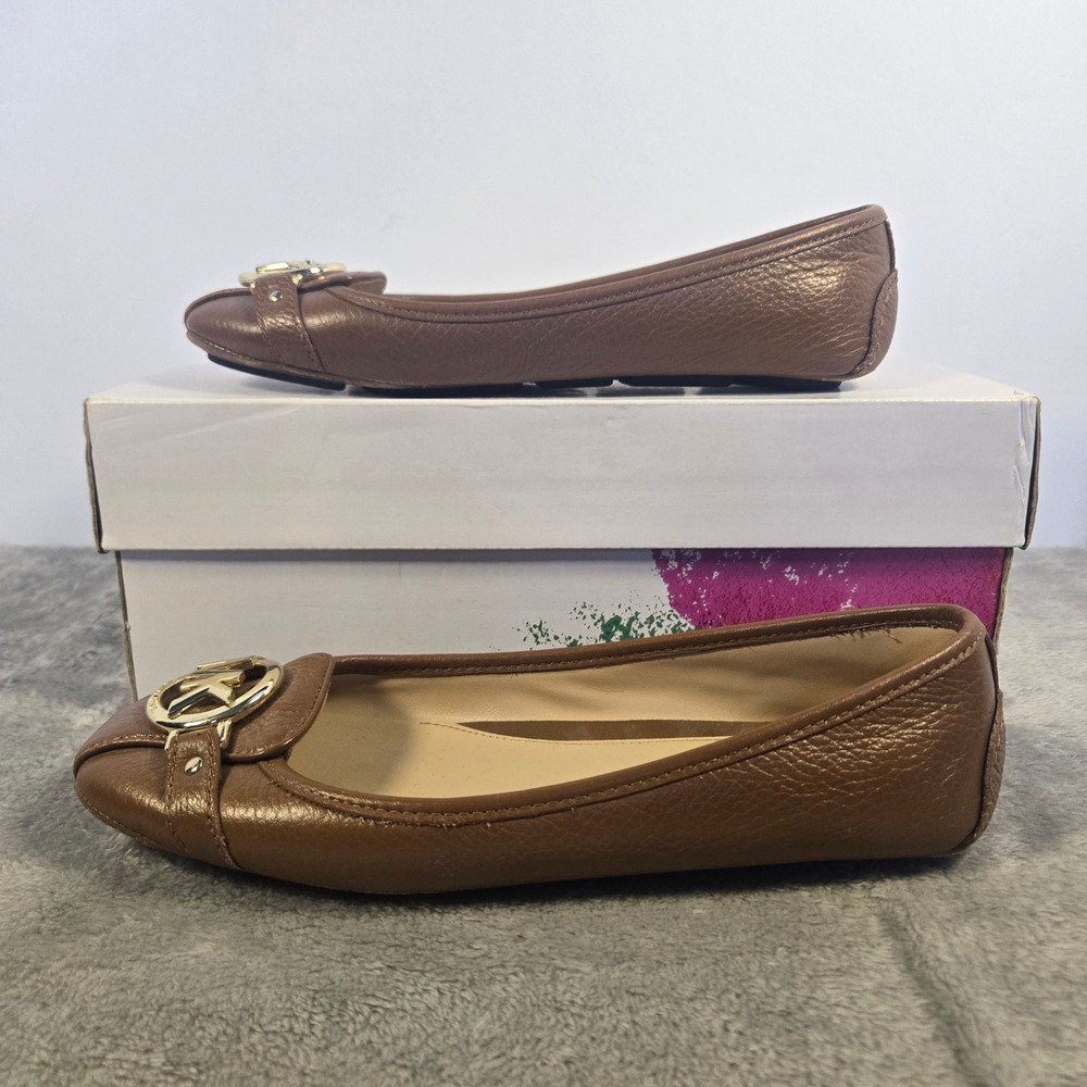 Michael Kors Fulton Moc Brown Leather Ballet Flats Gold Logo 7M ME18G